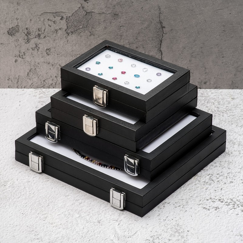 Giftop Jewelry Display Case Tempered Glass Top Lid Black Leatherette,Gemstone