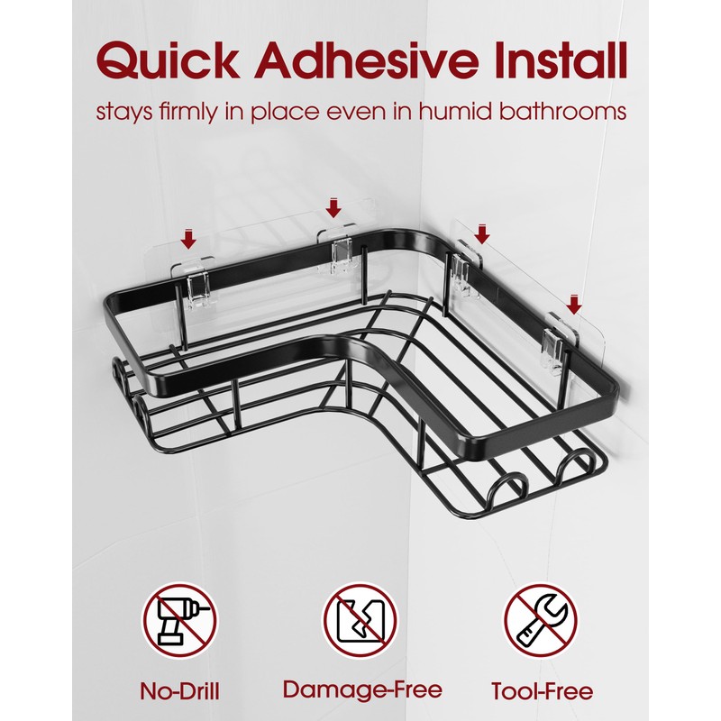Sakugi Corner Shower Caddy, Large, 2-Pack, Soap Holder & Hooks,