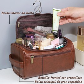 Neceser Hombre Portátil de PU Piel,Cosmetiquera de Viaje Grande Impermeable con Gancho y Asa,Bolsa Aseo de Baño Multifuncional,Regalo Perfecto para Bodas,Cumpleaños y para Maridos y Padres-Rojo Marrón