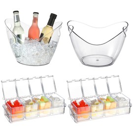 Acellegic 2 Pcs Clear 4 Compartment Condiment Server with Lid and Spoon 2 Pcs Champagne Ice Bucket Clear 4L Plastic Tub Fruit Serving Tray for Cocktail Bar Holiday Party Christmas Thanksgiving Summer