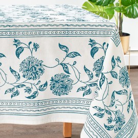 Lotus & Ivory Square Tablecloth for Square Tables (100% Cotton, Floral Hand Block Print, Pack of 1) No Fray Edges | (Floral-1 Dark Teal, 54x54)
