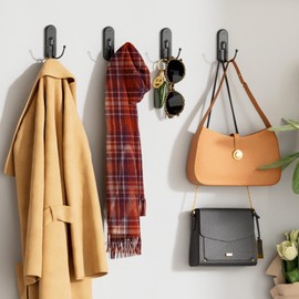 TAILI Adhesive Double Hooks for Hanging, 4 Coat Hooks & 6 Strips, Heavy Duty No-Drill Removable Large Wall Hanger for Towel, Backpack, Hat, Door,Kitchen Home Decor, Decorative Holder - Matte Black