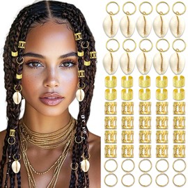 NAISKA 60PCS Shell Hair Jewelry for Braids Seashell Loc Charms Gold Hair Cuffs Rings Multi Styles Dreadlock Braid Clips Hair Accessories for Women