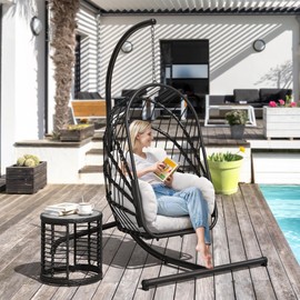 YITAHOME Hanging Egg Chair with Stand, Rattan Wicker Swing Egg Chair with Resistant Cushion, 350lbs Capacity, Foldable Hanging Rattan Basket Chair for Porch, Garden, Bedroom, Balcony, Grey