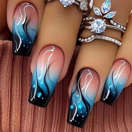 Coffin Press on Nails Medium Length Fake Nails Gradient Black Blue False Nails with Blue Flame Black Wave Designs Coffin Glue on Nails Glossy Black Nail Tips Acrylic Spring Stick on Nails for Women