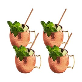 Sol Living Moscow Mule Mugs Gift Set of 4, 14 oz. Copper Cups with 4 Drinking Straws Premium Stainless Steel Inner Handcrafted Barware Set for Cocktails Mixed Drinks Bar Accessories