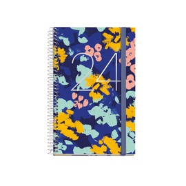 Miquelrius - 2024 Week to View Diary Active Size 117 x 182 mm Hardback Spiral Bound Rubber Closure Spanish English and Portuguese Flowers with Silver Stamp