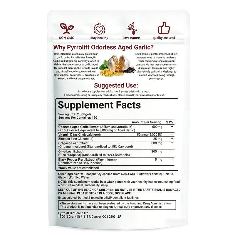 Pyrrolift Aged Garlic Extract - 1530mg with Vitamin D, Zinc,