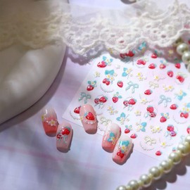 Strawberry Nail Stickers 3D Nail Art Decals Self-Adhesive Nail Decals Daisy Flower Nail Art Stickers Bow Nail Designs Decoraton DIY Supplies for Women and Girls (1 Sheet)