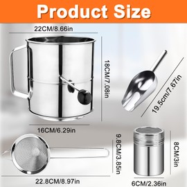 Flour Sifter,8 Cup Stainless Steel Flour Sifters,4 in 1 Baking Sifter Set with Powder Sugar Shaker Duster,Strainers Fine Mesh and Metal Scoop for Baking Cake,Pastries,Pies,Cupcakes,Desserts