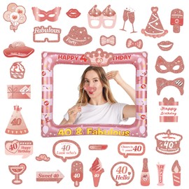 36 Pieces Inflatable Photo Booth Frame and Props Rose Gold 40th Birthday Decoration Women Photo Box Accessories 40th Birthday Rose Gold 40th Inflatable Selfie Frame for 40th Birthday Party Supplies