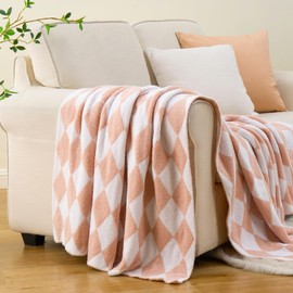 Battilo Pink Blush Checkered Throw Blanket, Fluffy Grid Checkerboard Knit Blanket, Soft Cozy Chenille Plaid Throw Blanket for Couch Bed, 50"x70"