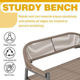 OPENAIRCOMFORT 46.8 Inches Outdoor Garden Bench,Wicker Frame Patio Bench, All Weather Outdoor Bench with Rattan Backrest Armrests and Metal Legs for Lawn, Front Porch, Park, Yard