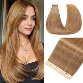 Hair Tape in Extensions 18 Inch 20pcs Tape in Hair Extensions Real Human Hair Seamless Invisible Tape Hair Extensions Human Hair Glue Skin Weft Tape Extensions Auburn Brown Color(30#, 18 Inch)