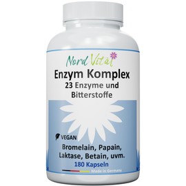 Enzym Komplex mit 23 aktiven Inhaltsstoffen - 180 magensaftresistente Kapseln - Enzyme und Bitterstoffe - Bromelain, Papain, Amylase, Lipase, Protease, Laktase, Betain HCL, Ingwer, Curcuma... - Vegan