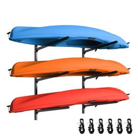 LXVOOEE Kayak Storage Rack Wall Mount, Heavy Duty Kayak Wall Mount for Garage and Outdoor Storage, Kayak Wall Rack Adjustable for Kayak, Canoe, Surfboard and Paddle Board, 3 Tier