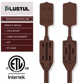 PLUGTUL Indoor Brown Extension Cord 6 Feet, 3-Outlet Household Extension Cord, 2 Prong, 16Gauge, 3 Polarized Outlets with Safety Cap Protect for Home Office, 16/2 SPT-2 ETL Listed