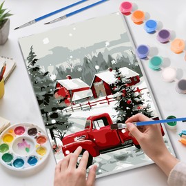 Skyboda Christmas Tree Paint by Numbers Kit for Adults Beginners with Frame, Red Truck Adult Paint by Number Kits on Canvas, Easy DIY Oil Painting Kits for Home Decor, 8x12in