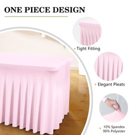Jieqier Table Cover and Table Skirt One-Piece for Folding Tables, 6FT Spandex Fitted Tablecloth with Ruffles Skirt for Weddings, Banquets, Baby Showers, Parties, Vendors (Pink)