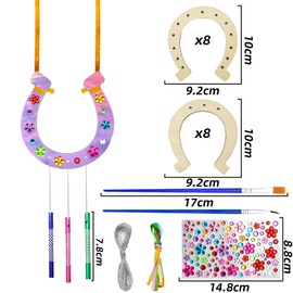 16Pcs DIY Horseshoe Wooden Wind Chimes with Wind Chimes Tube Webbing Rope Brush Diamond Stickers Make Your Own Coloring Horseshoe Wind Chime Ornaments for Girls Boys DIY Craft Gift Favor Supplies