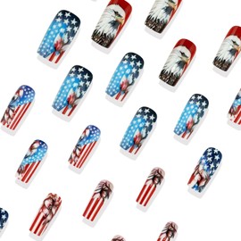24 Pcs Eagle Press on Nails Medium Length Independence Day Nails 4 th of July Stripe and Star Design Fake Nails Glossy False Nails Full Cover Stick on Nails for Women Girls Acrylic Nails