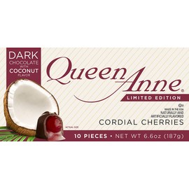 Queen Anne (1) Box Dark Chocolate with Coconut Flavor Cordial Cherries Holiday Candy - 10 Pieces per Box - Net Wt. 6.6 oz