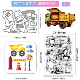 GLOBLELAND Engineering Vehicle Clear Silicone Stamp Metal Excavator Forklift Cutting Die Cuts Garbage Truck Paint Craft Stencils for Card Making Scrapbooking Craft DIY Embossing
