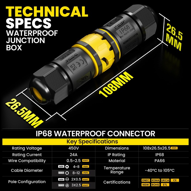 PEBA IP68 Waterproof Cable Connector, 3-Pin, Plug-in Waterproof Cable Connector,