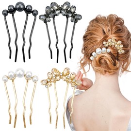 4PCS U Shaped Metal Hair Fork Clips,Sparkly Crystals Butterfly Flower,French Pearl Elegant Hair Prong Styling Pins for Girls, Hair Styling Accessories for Bridal Braided Curly hair, Wedding Daily