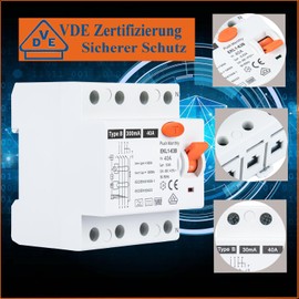 FI Circuit Breaker Type B 40A 30mA 4-Pin Residual Current Circuit Breaker All-Current Intensive RCD Switch for Wall Boxes, Charging Stations & Circuit Breaker DIN Rail Mounting VDE Certificates