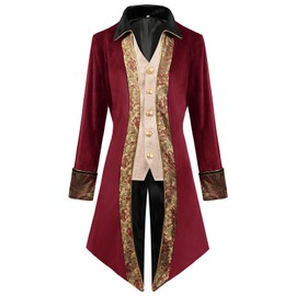 Odizli Tailcoat Men's Steampunk Medieval Gothic Frock Coat Men's Vikings Victorian Pirate Vampire Costume, Red-b