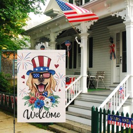 Louise Maelys Patriotic Golden Retriever Garden Flag 12x18 Double Sided Burlap, Small 4th of July Welcome Garden Yard House Flags for Memorial Independence Day Outdoor Decor (Only Flag)