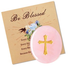 LAIDANLA Rose Quartz Cross Engraved Healing Crystal Worry Stones for Pray Faith Anxiety Relief Oval Palm Stone Polished Natural Crystal Gifts