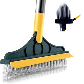 2 in 1 Cleaning Scrub Brush Grout Brush Scrape Floor Scrub Brush with Long Handle V-Shape Stiff Bristle Brush Scrubber with Squeegee 120°Rotating Magic Broom Brush for Cleaning Bathroom Glass Wall