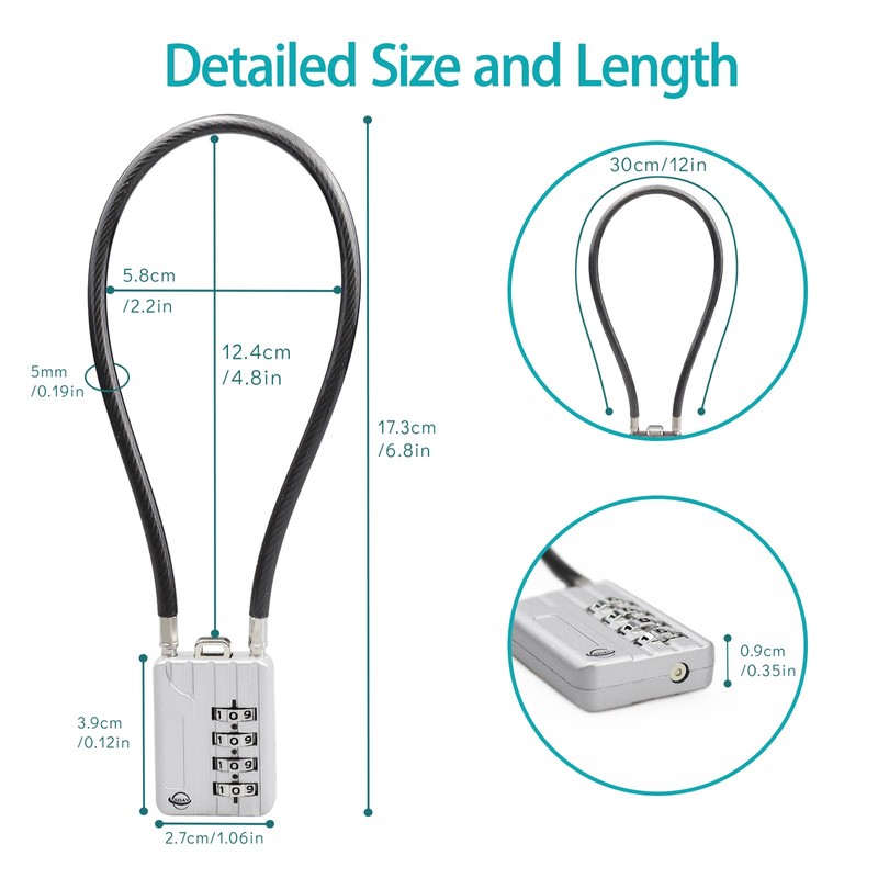 SISAV 30CM/12in Long Cable Locks Cable 4-Digit Combination Lock Re-settable