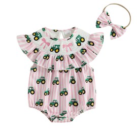 CIYCUIT Baby Girl Smocked Romper Bow Tractor Print Bodysuits Jumpsuits with Headband (Pink, 12-18 Months)