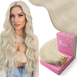 YoungSee Sew in Hair Extensions Blonde Human Hair Weft Extensions Platinum Blonde Sew in Real Hair Extensions Straight Real Hair Weft Sew in with Soft and Smooth Texture 20Inch 100G