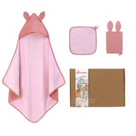 Baby Bath Towel Set, Baby Towel with Hood Baby Toddler Bathrobe Hooded Towel Baby 100% Organic Cotton Muslin Hypoallergenic Towels Super Soft 33.5”*33.5”/85*85cm, 3pcs Set Towel+Washcloth+Gloves, Pink