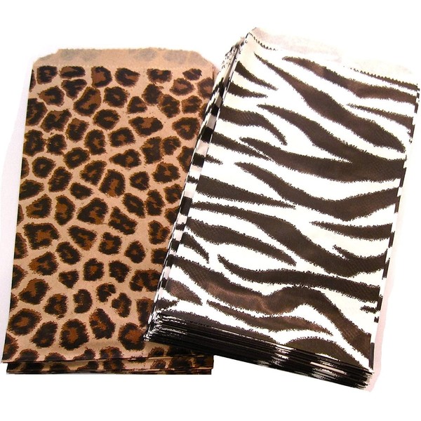 50 of 4" X 6" Small Paper Bags 25 Cheetah Leopard & 25 Zebra Animal Print Party Retail Gift Holiday Wrap Wrapping Sacks