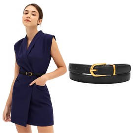 JASGOOD Womens Thin Leather Belt Skinny Faux Leather Belt for Jeans Dress with Dark Gold Alloy Buckle,Black/Fit Waist Size 26-31 inch