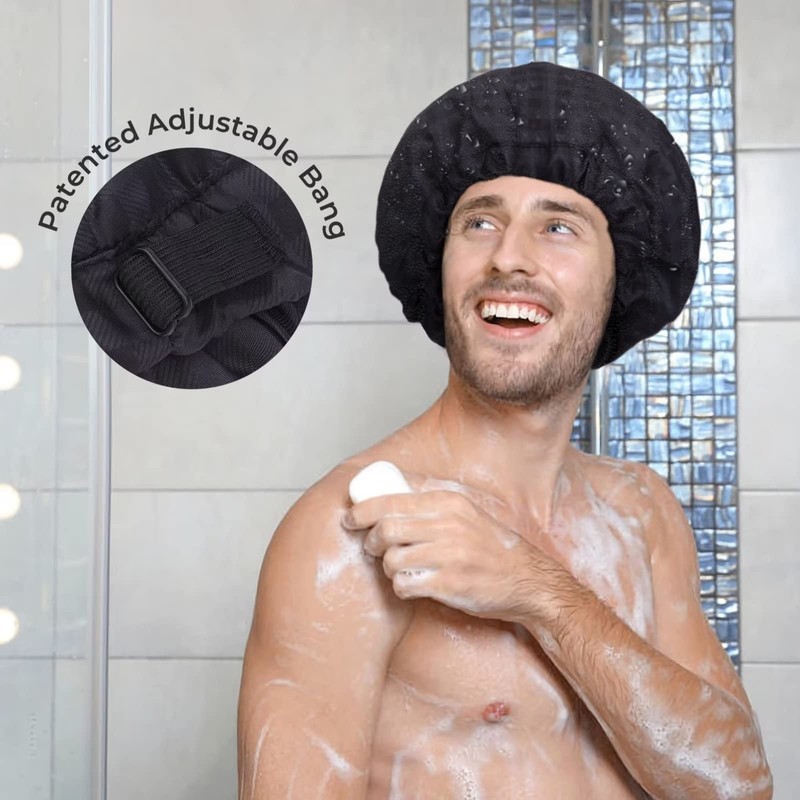 Shower Cap for Men Black Bath Cap, Reversible Large Waterproof