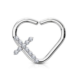 Pierced Owl 16GA CZ Crystal Paved Cross Cartilage Helix Daith Heart Shaped Bendable Ring (Right Ear/Silver Tone)