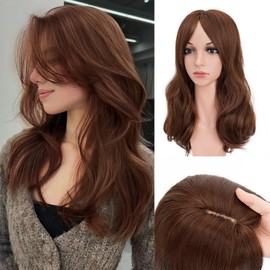 Hair Toppers,TESS Layered Synthetic Hair Toppers for Women with Thinning Hair,Long Curly Wavy Hair Topper with Bangs,6″*6″Large Silk Base Invisible Clips in Hair Toppers 18" Light Brown