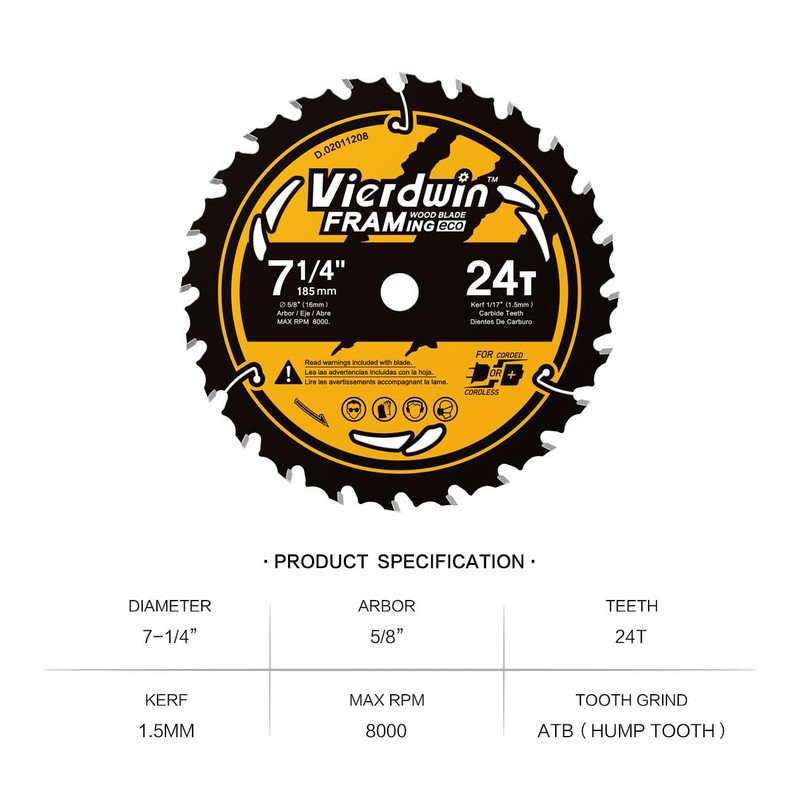 Vierdwin 7-1/4" 24T Carbide Circular Saw Blade, 5/8" Arbor, 1-Pack