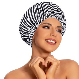 Reusable Shower Caps for Women Waterproof, Large Luxury Washable Elastic Band Bath Hair Bonnet, Double Layer Stylish Shower Hat for Long Hair, Braids, Curly(Stripe)