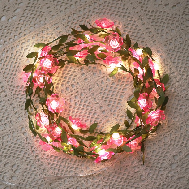 Curyidy Rose Flower String Lights Pink Floral Garland with Fairy