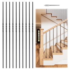 Muzata 10Pack 44" Wrought Iron Baluster Hollow Single Twist Metal Stair Spindles for 1/2" Square Metal Stair Iron Balusters for Staircase Interior Decorative Staircase Deck Railing WT27