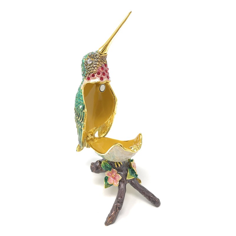 Kubla Crafts Enameled Green Hummingbird on Branch Trinket Box, Accented
