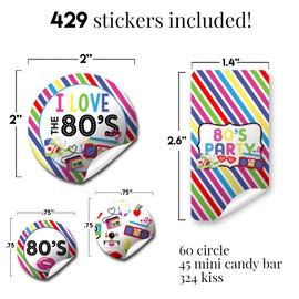 Totally Awesome 80's Themed Birthday Party Sticker Bundle Kit - 429 pieces!!! Includes 60 2" Circle Stickers for Favors & Goodie Bags, 45 Mini Candy Bar Wrappers & 324 Round Candy Kiss Stickers by