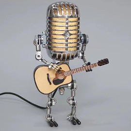 Generic Vintage Microphone Guitar Lamp, Cool Guitar Gifts for Music Lovers and Guitar Player, USB Plug in Powered, Retro Decorations for Home, Bar, Office, Silver